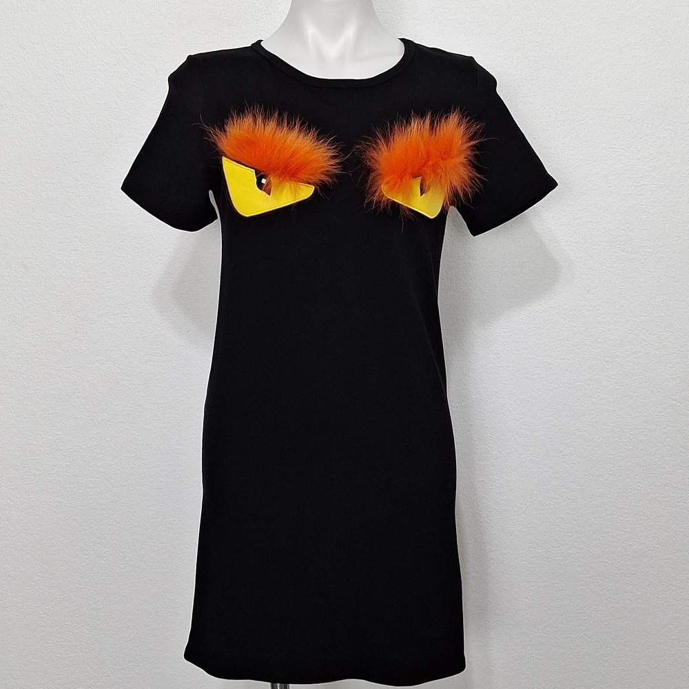 Cherry Mellow Black Bag Bugs Orange Fur Trim Novelty Pullover Mini Dress Size L